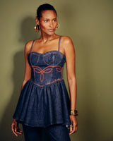 Blusa Peplum Jeans Bordada