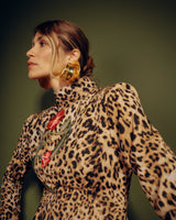 Vestido Midi Animal Print com Bordado Floral