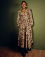 Vestido Midi Animal Print com Manga Bordada